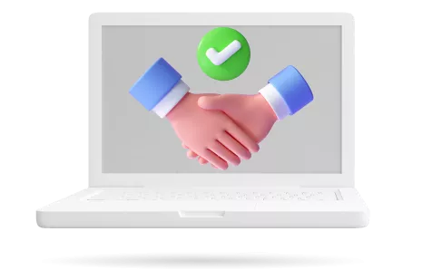 3D image of a handshake on a laptop screen